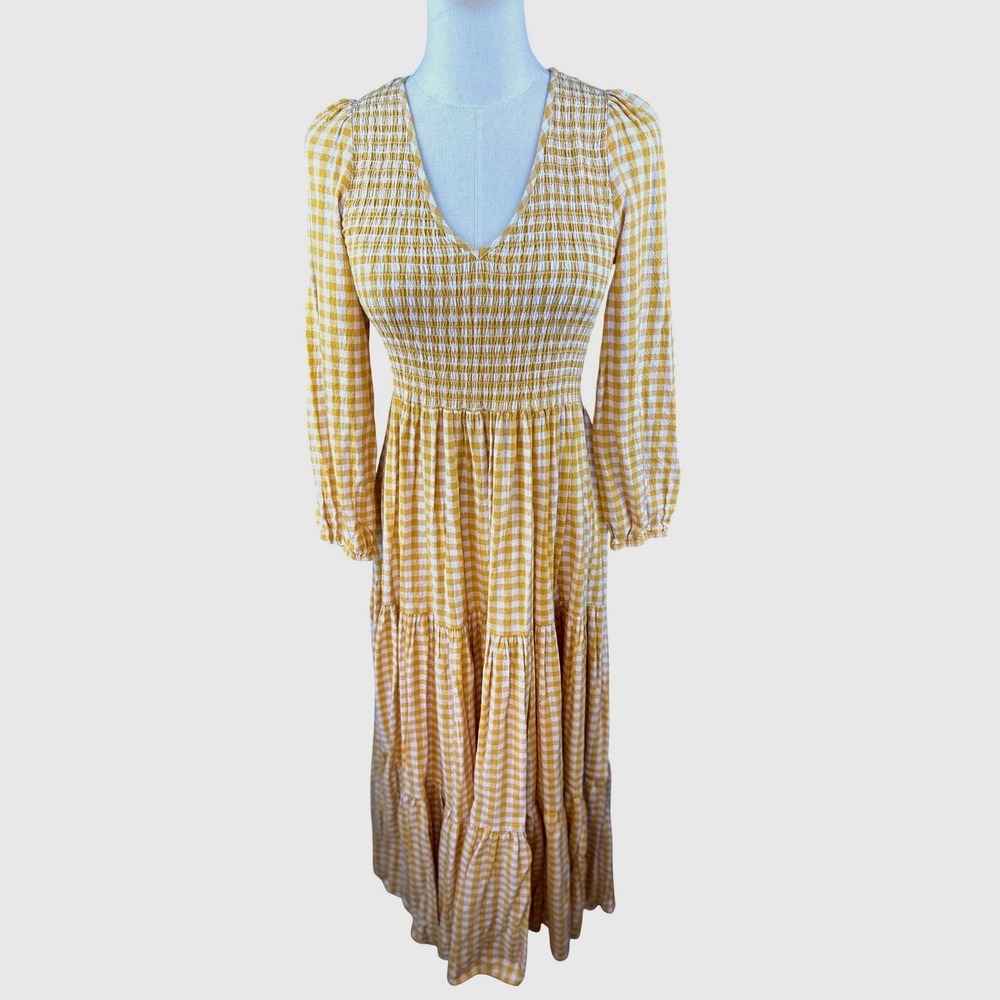 Mister Zimi Maxi Dress Size 6 Yellow Gingham Smocked Tiered long sleeve , Boho E